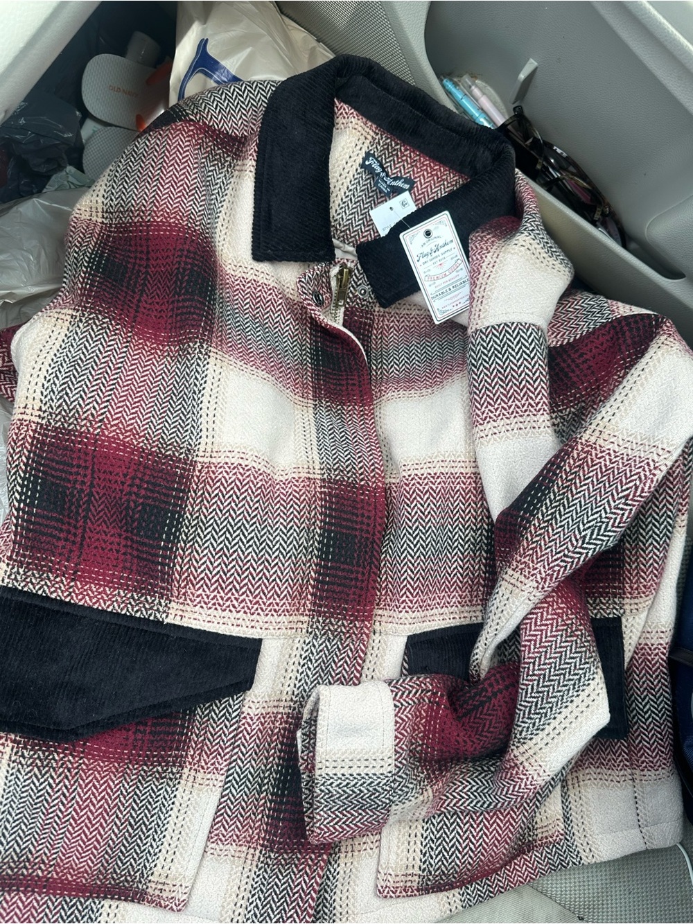 Plaid Utility Jacket with Contrast Collar - burgundy and cream